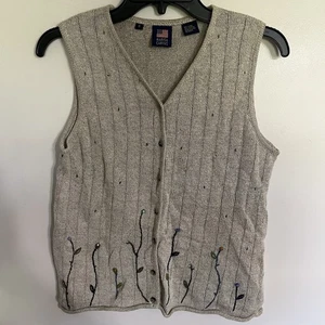 Vintage 90s Beige Linen Floral Cozy Cottagecore Knit Grandma Sweater Vest Small - Picture 1 of 15