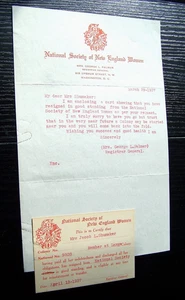 National Society of New England Women LETTER  and CARD 1937 (Mrs. Schumaker) - Picture 1 of 3
