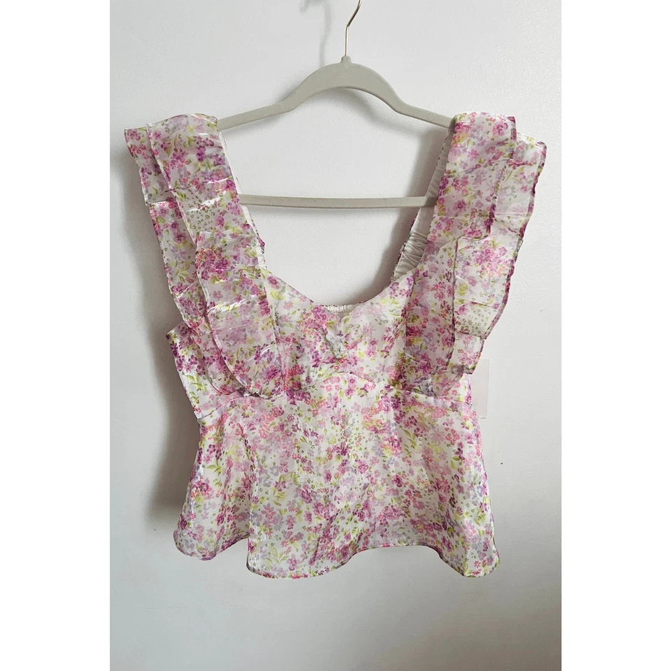 Wildfox Women's Top Size M White Pink Floral Ruffle Sleeveless Blouse Shirt Foto 1 de 4