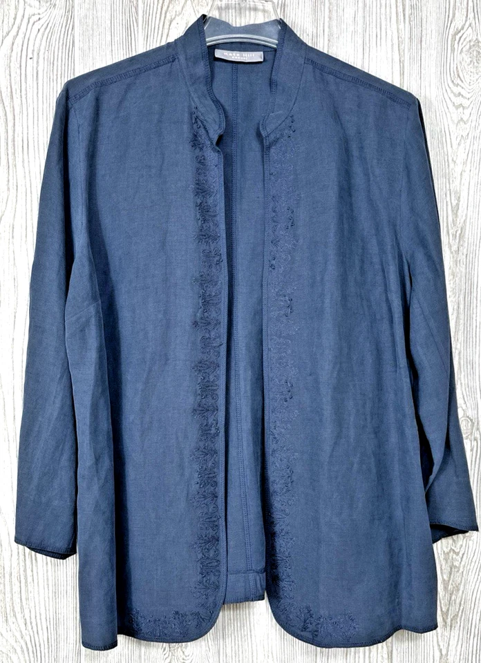 Chaqueta Blazer Kate Hill Azul 71% Seda 29% Lino Frente Abierto Manga 3/4 Talla Grande Foto 1 de 4