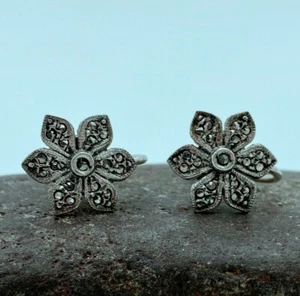 1940er Markasiten & Sterlingsilber Blume Schraubverschluss Ohrringe (ER38) - Bild 1 von 8