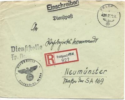 1941 GERMANY REICH REGISTERED MAIL SERVES POST FROM FELDPOST 426 TO NEUMUNSTER - Изображение 1 из 2