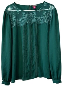Vince Camuto Women's Green Lace Yoke Pin Tuck Pleated Front Blouse Top Size XL - Picture 1 of 14
