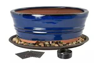 8.25" Oval Blue Bonsai, Cactus & Succulent Pot + Tray + Rock + Mesh & Wire Combo - Picture 1 of 9
