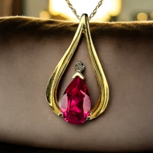 Red Ruby Diamond Necklace in 10K Gold -18" Pear Cut Ruby Pendant -1.6g GIFT WRAP - Picture 1 of 20