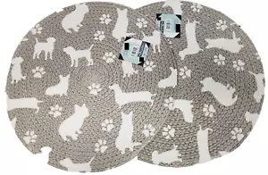 2 Round Braided Cotton Placemats (14") WHITE DOGS & PAWPRINTS ON BROWN/TAUPE, HL - Picture 1 of 9