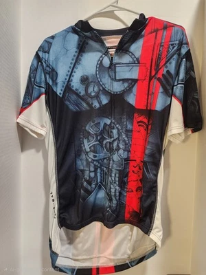 Camiseta masculina de ciclismo Primal XL azul vermelha preta manga curta rodas dentadas bolsos correntes - Imagem 1 de 4