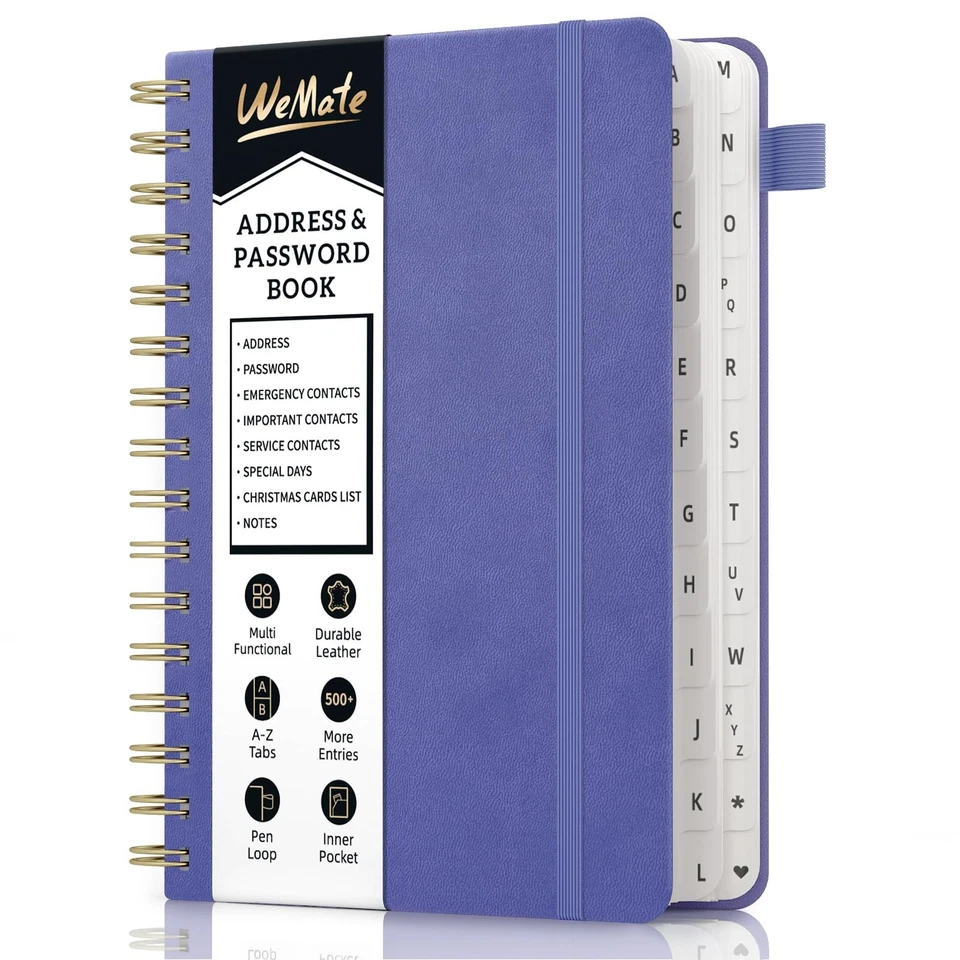 WEMATE Spiral Address Book with Alphabetical Tabs, Leather Password Book, Addres - Image 1 of 4