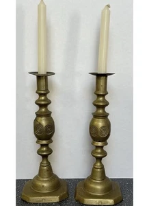 Antique Victorian Pair Brass Candlesticks Stamped ‘Good luck’ Hexagonal Shape - Picture 1 of 10