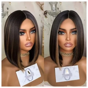 Ombre Dark Brown Wig Miix Blonde Streaks Wigs 100% Human Hair Lace Front Wigs - Picture 1 of 8