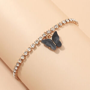 European Gold Cute Black Butterfly Charm Rhinestone Bangle Bracelet Jewelery