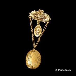 Vintage GOLDETTE Victorian style Gold Dangle Gorgeous Photo LOCKET Brooch - Picture 1 of 9