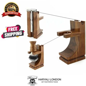 Soporte de madera Haryali vintage para afeitadora de seguridad maquinilla de afeitar recta y cepillo de afeitar - Imagen 1 de 14
