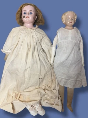 Muñecas antiguas gran lote de 2 muñecas Minerva Alemania cabeza de hojalata 27 pulgadas de alto Foto 1 de 4