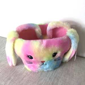Easter Multicolor Plush Fluffy Rainbow Bunny Face Basket with Ears and Whiskers - Picture 1 of 9