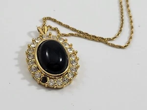 Vintage Signed TRIFARI Necklace Black Cabochon Halo Pendant 4 REPAIR Rhinestone - Picture 1 of 8