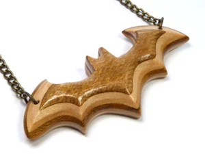 RECYCLED SKATEBOARD Bat Necklace Handmade Wooden Vampire Gothic Wood Pendant - Picture 1 of 10