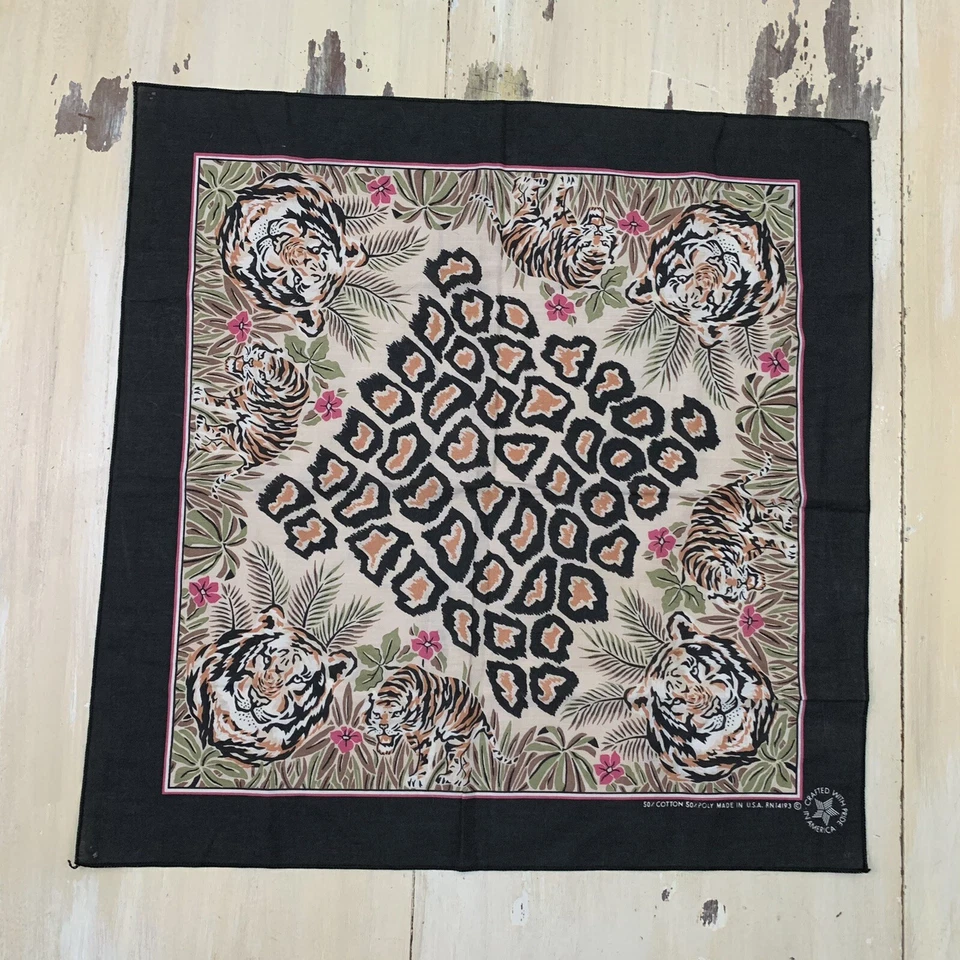 BANDANA TIGRE - De colección Años 80-90 Negro Naranja Verde Hecho a Mano con Orgullo Hecho en EE. UU. Foto 1 de 4
