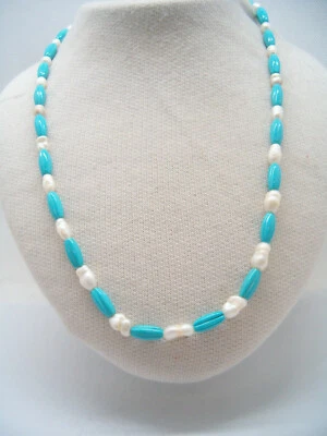 Collana in Neolite (Turchese ricomposto) e Perle d'acqua dolce - Argento 925 - Immagine 1 di 4