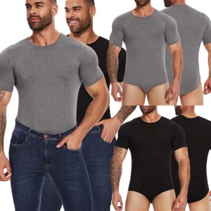 Mens Short Sleeve T Shirt Rompers Leotard Bodysuit Underwear Press Button Crotch - Picture 1 of 16