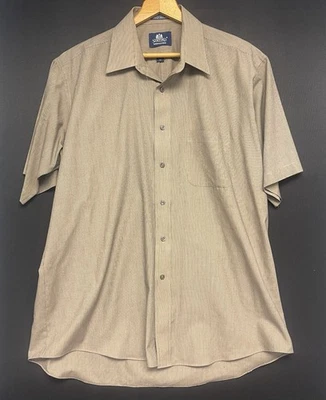 Camisa de vestir Stafford para hombre marrón negro a rayas manga corta talla 17 Foto 1 de 4
