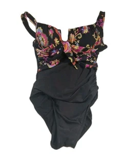 Miraclesuit Escape One Piece Swimsuit Sz M Black Floral Backlass Slimming Luxury - Picture 1 of 7