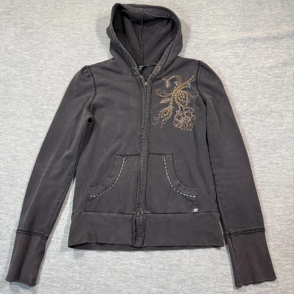 Miss Me Sudadera con Capucha Mujer M Negra Bordada Cremallera Floral Calavera Boho Informal Foto 1 de 4