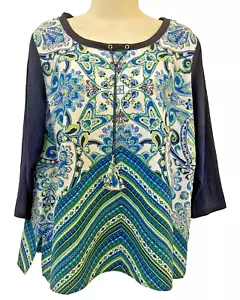 Ruby Road Pullover Tunika Oberteil Gr. PL Multi Blau Türkis Print 3/4 Arm Petite L - Bild 1 von 5