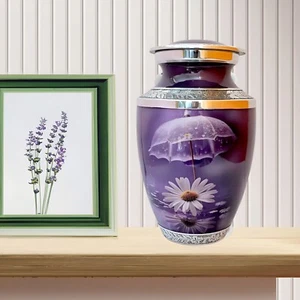 Purple Daisy & Umbrella Cremation Urn | Adult Urn for Ashes With Velvet Box - Picture 1 of 8