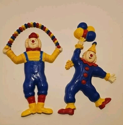 2 Vintage Clown Wall Hanging Nursery Decor Red Blue Yellow Balloons Circus 8-9" - Image 1 of 4