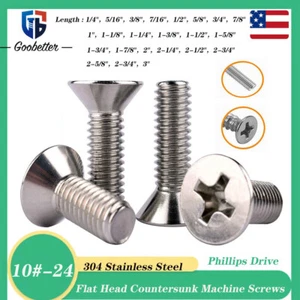 #10 - 24 tornillos de máquina de cabeza plana Phillips 304 pernos avellanados de acero inoxidable - Imagen 1 de 13