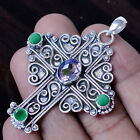 Faceted Amethyst, Green Onyx Pendant 925 Sterling Silver Artisan Jewelry Cross