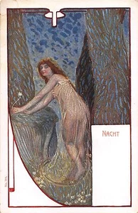 c.1905 Art Nouveau Nacht unsgd. Semi-Nude Girl in Forest at Night post card - Picture 1 of 2