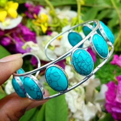 Winter Turquoise 925 Sterling Silver Plated Cuff Bangle 1pc Gemstone Jewelry - Image 1 of 3
