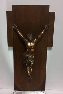 VTG. Massive 20's-30's Copper Metal On Wood Church Crucifix  - Picture 1 of 12
