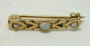 Vintage 14-15ct Gold Very Pretty Little Gold Opal And Pearl Bar Brooch 22094 - Picture 1 of 4