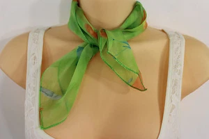 Women Fashion Bright Green Small Neck Scarf Fabric Orange Flower Pocket Square - Picture 1 of 7