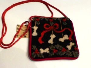 Hunde Weihnachten: 4 1/2" Quadratmeter Needlepoint C.C., I.D., Geldhalter m. Riemen, Neu mit Etikett - Bild 1 von 5