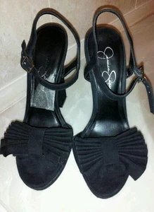 Tacones de aguja Jessica Simpson plataforma gamuza negra con acento de lazo plisado talla 7M - Imagen 1 de 4