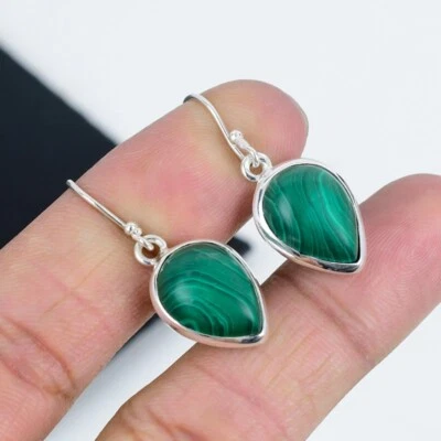 Orecchini In Argento Sterling 925 Fatti A Mano In Malachite Per Regalo - Immagine 1 di 4