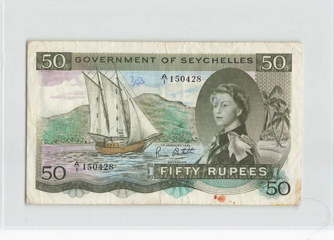 SEYCHELLES 50 Rupees 1972, P-17d, Famous SEX Note, Rare QEII Type. Small Print # Cover