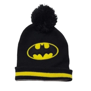 Batman Pom Pom Beanie Hat For Kids 2T-5T Black & Yellow Winter Cap - Picture 1 of 15