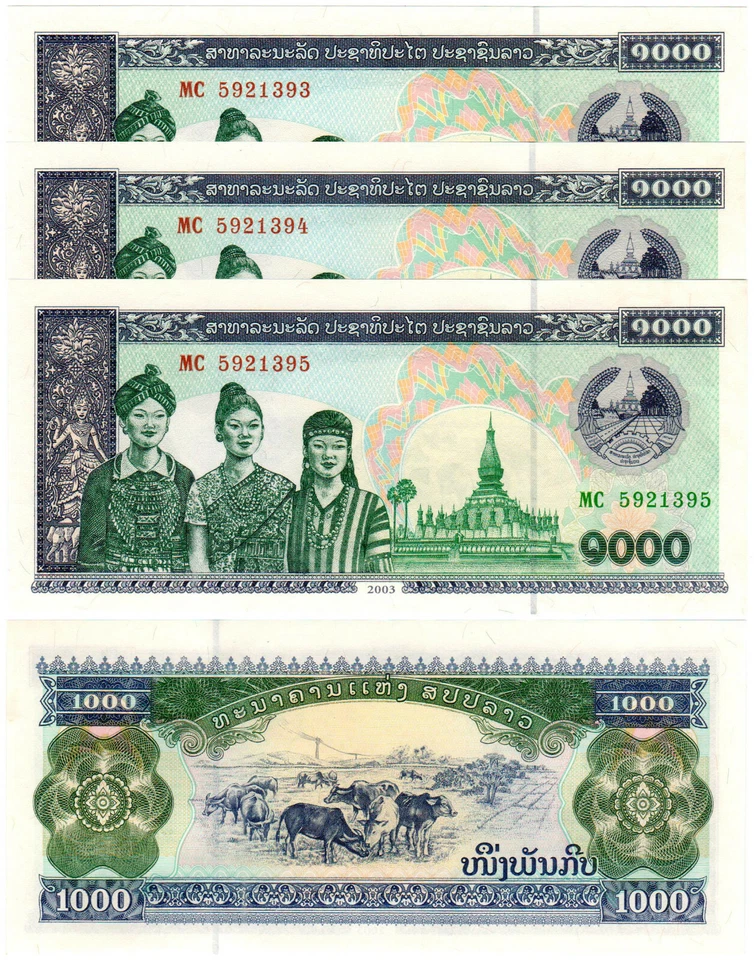 Laos 1000 Kip P#32Ab (2003) *3 Consecutive Banknotes* UNC - Image 1 of 1