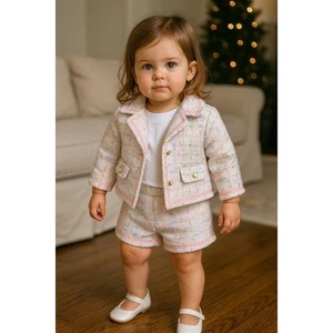 Janie Jack 2 pezzi giacca e pantaloncino tweed bianco bambina 18 24 mesi baby vacanza - Foto 1 di 7
