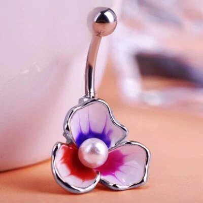 3 Petals Flower Faux Pearl Belly Button Barbell Navel Ring Body Piercing - Image 1 of 2