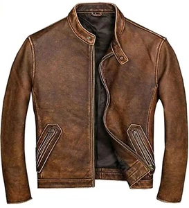 Mens Handmade Motorcycle Tan Brown Cafe Racer Biker Leather Jacket - Picture 1 of 3