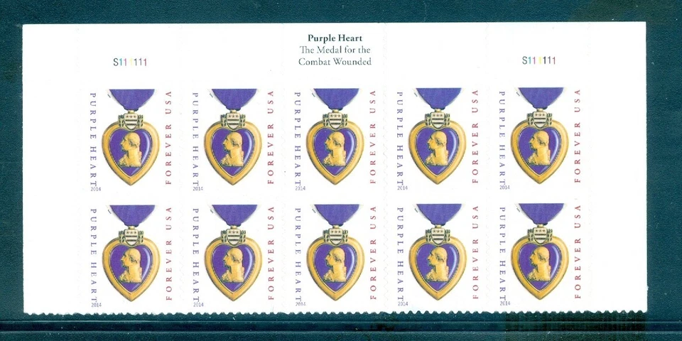US 5035 Purple Heart, 2014 Forever, Top Inscription Block/10, Mint NH - Image 1 of 1