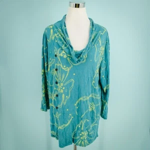 Chalet Size XL Aqua Lime Floral Print Cowl Neck Button Artsy Bamboo Tunic Top - Picture 1 of 6