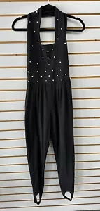 Vintage Gantos Womens Medium Stirrup Pant Black Jumpsuit Sleeveless Pearl Beaded - Picture 1 of 6