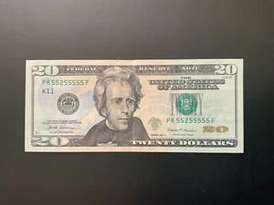 (BINARY NEAR SOLID)2017A $20 DOLLAR BILL PK55255555F 7 of a kinde 5's - Picture 1 of 4